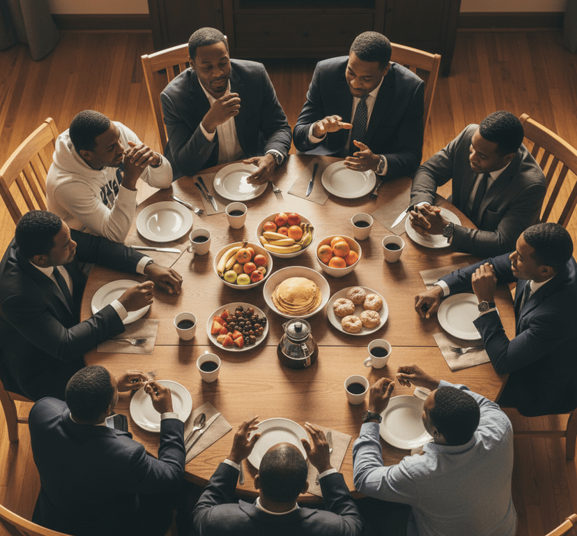 Young men in conversation around a table