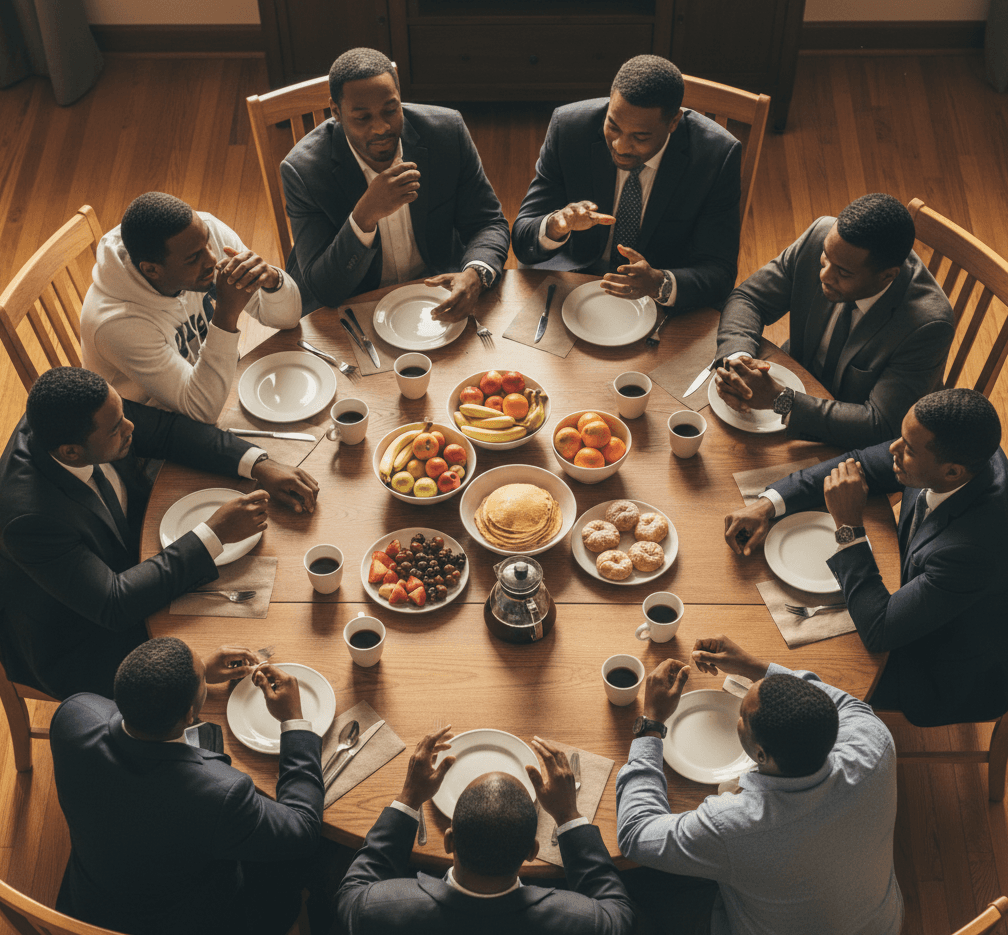 Young men in conversation around a table
