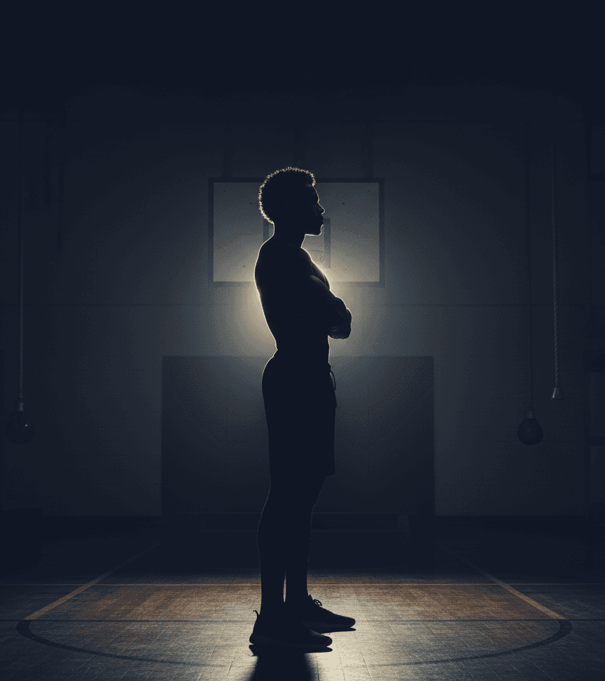A man alone in a dimly lit hallway